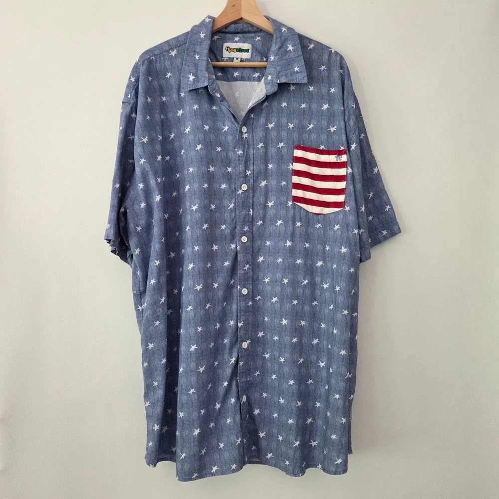 Tipsy Elves Button Up Shirt Blue Patriotic Star Print Americana Mens‎ 3XL